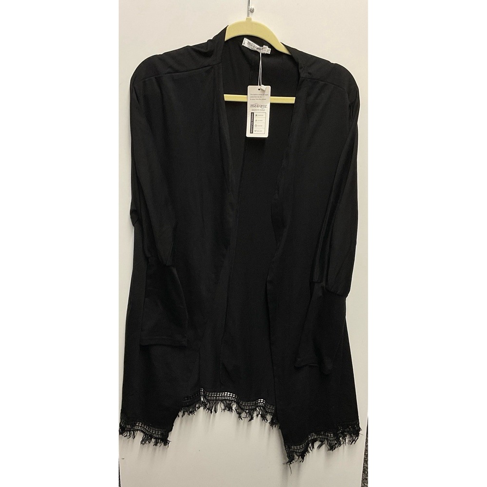 Meaneor Woman's Open Black Blouse Size 2XL‎ Fitted Sleeves Fringe Trim Stretch